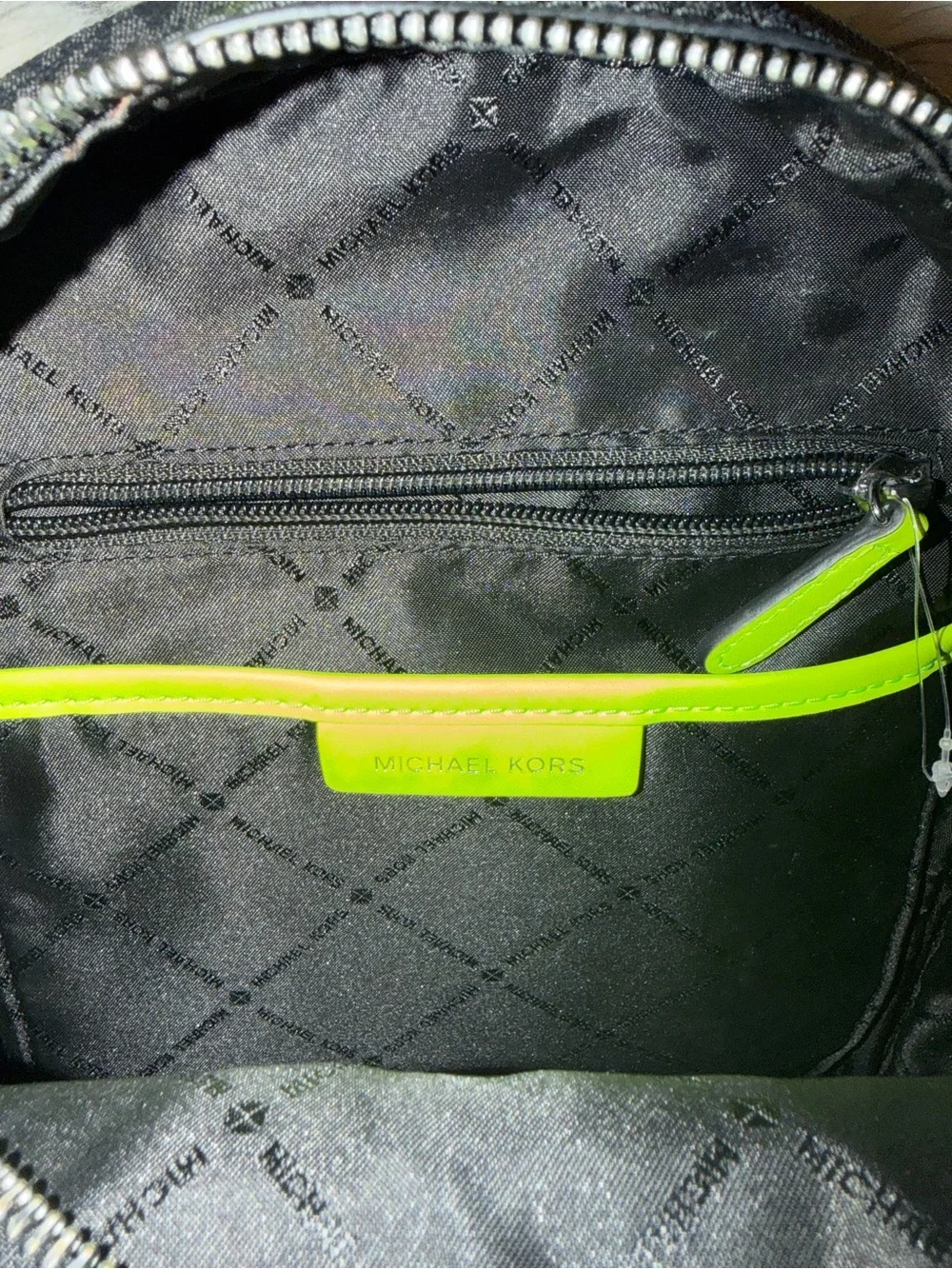 Micheal Kors Fulton Backpack - Black Signature Logo Print with Neon Green Piping